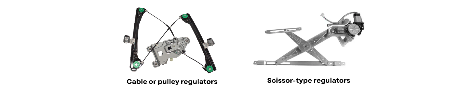 Left: Cable or pulley window regulator – uses wires and pulleys to move the glass up and down, similar to an elevator system.Right: Scissor-type window regulator – uses metal arms that pivot like a scissor lift to raise and lower the window.